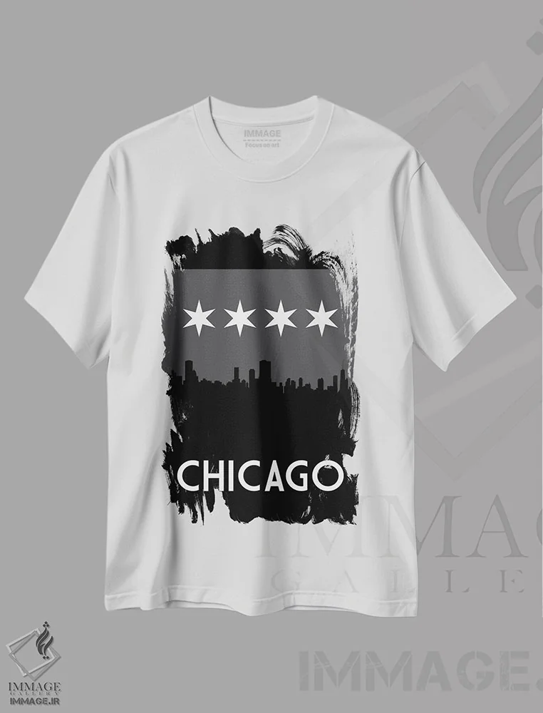 تیشرت سفید طرح دار خط افق شیکاگو در شب، هنر دیجیتال اثر پرینت های بنتون پارک | immage.ir