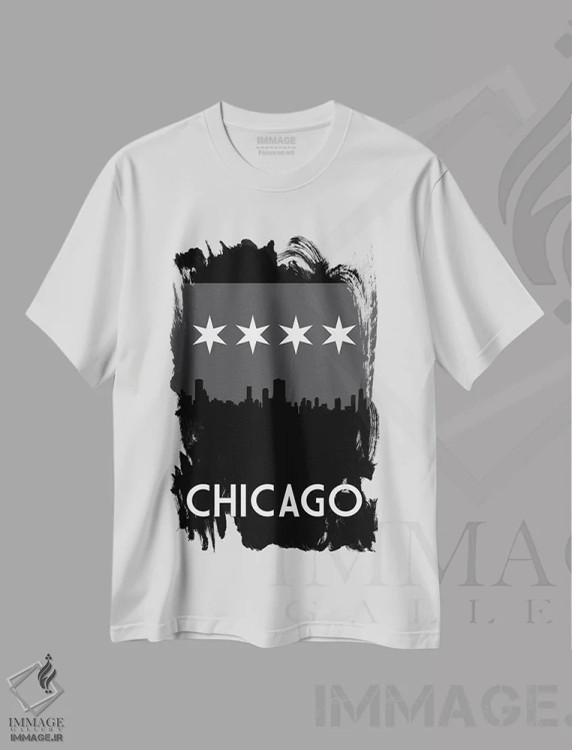 تیشرت سفید طرح دار خط افق شیکاگو در شب، هنر دیجیتال اثر پرینت های بنتون پارک | immage.ir