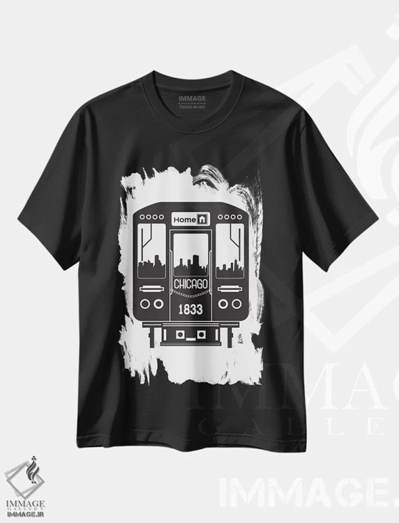 تیشرت مشکی طرح دار خط افق شیکاگو با قطار، هنر دیجیتال سیاه و سفید اثر پرینت های بنتون پارک | فروشگاه ایماژ