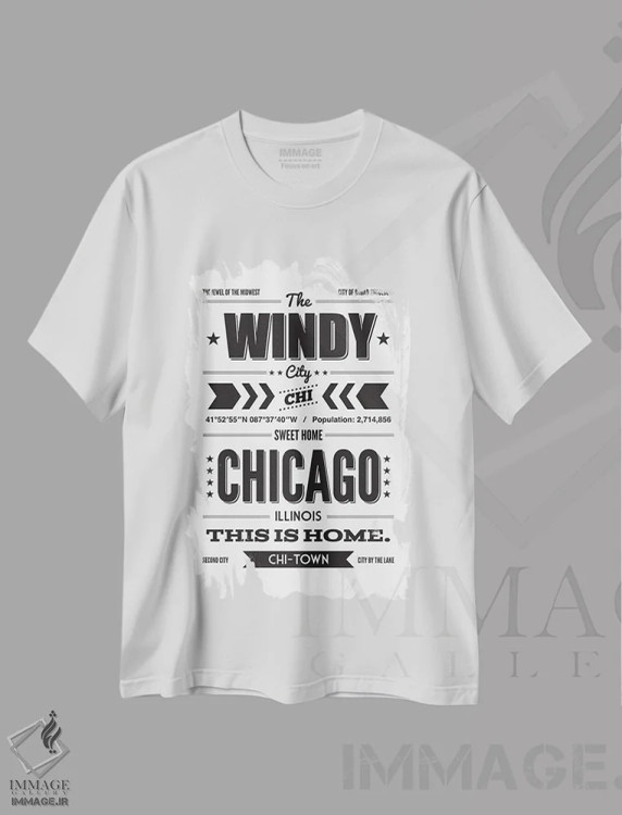تیشرت سفید طرح دار شیکاگو: این جا خانه است، هنر دیجیتال سیاه و سفید اثر پرینت های بنتون پارک | immage.ir