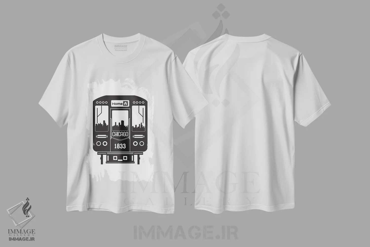 تیشرت سفید طرح دار خط افق شیکاگو با قطار، هنر دیجیتال سیاه و سفید اثر پرینت های بنتون پارک | immage.ir