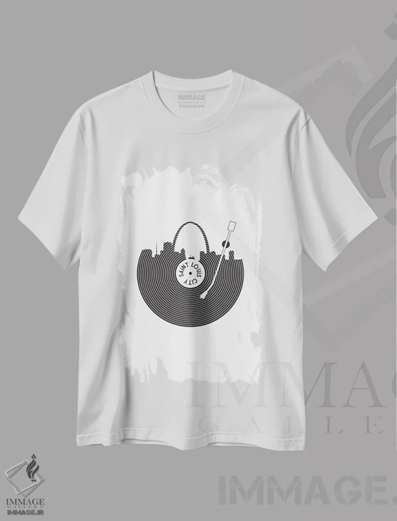 تیشرت سفید طرح دار صفحه گرامافون سنت لوئیس، هنر تزئینی سیاه و سفید اثر پرینت های بنتون پارک | immage.ir
