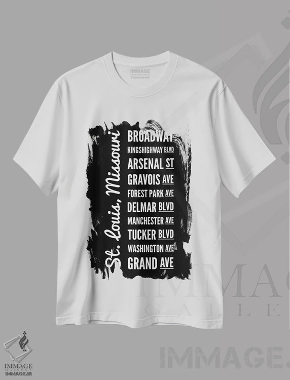 تیشرت سفید طرح دار خیابان های سنت لوئیس، هنر دیجیتال سیاه و سفید اثر پرینت های بنتون پارک | فروشگاه ایماژ