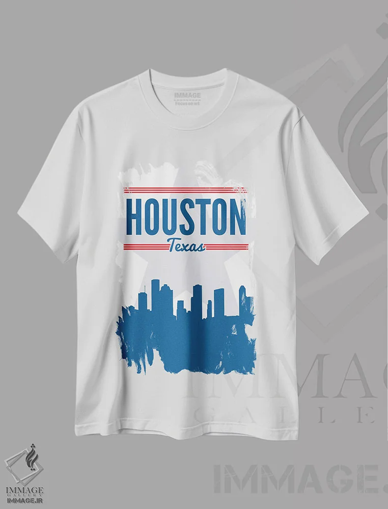تیشرت سفید طرح دار خط افق هیوستون، هنر دیجیتال اثر پرینت های بنتون پارک | فروشگاه ایماژ