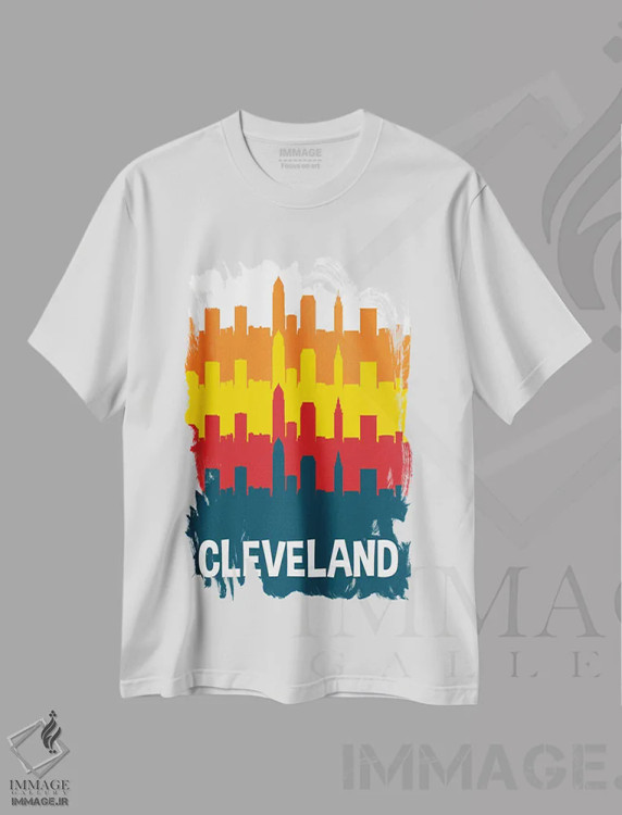 تیشرت سفید طرح دار نمای افق شهر کلیولند، هنر دیجیتال اثر پرینت های بنتون پارک | فروشگاه ایماژ