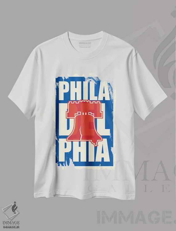 تیشرت سفید طرح دار تایپوگرافی زنگ آزادی فیلادلفیا، هنر دیجیتال اثر پرینت های بنتون پارک | فروشگاه ایماژ