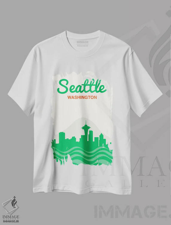 تیشرت سفید طرح دار منظرهٔ افق سیاتل، هنر دیجیتال اثر پرینت های بنتون پارک | immage.ir