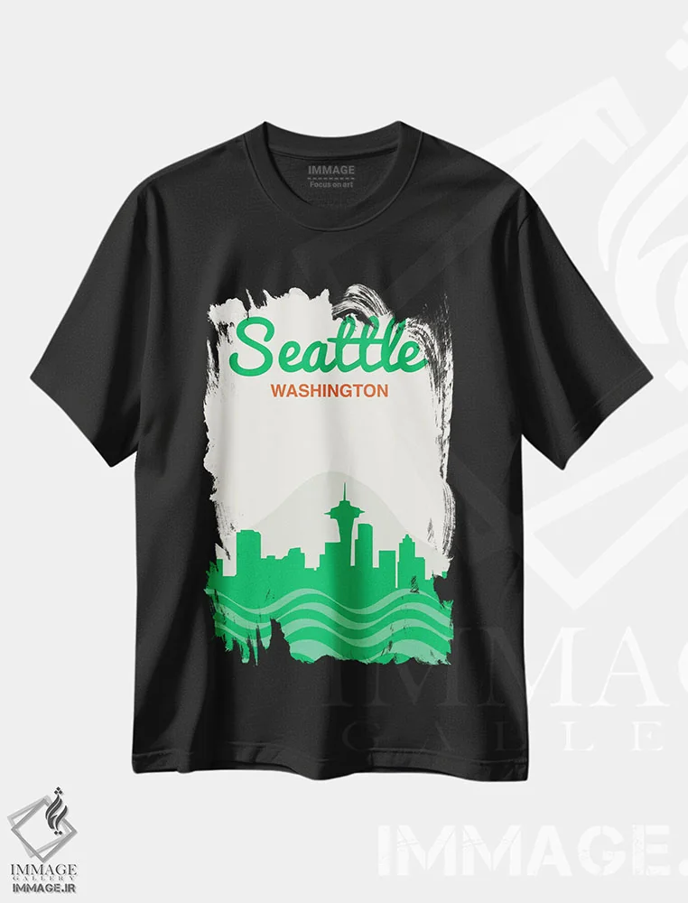 تیشرت مشکی طرح دار منظرهٔ افق سیاتل، هنر دیجیتال اثر پرینت های بنتون پارک | فروشگاه ایماژ