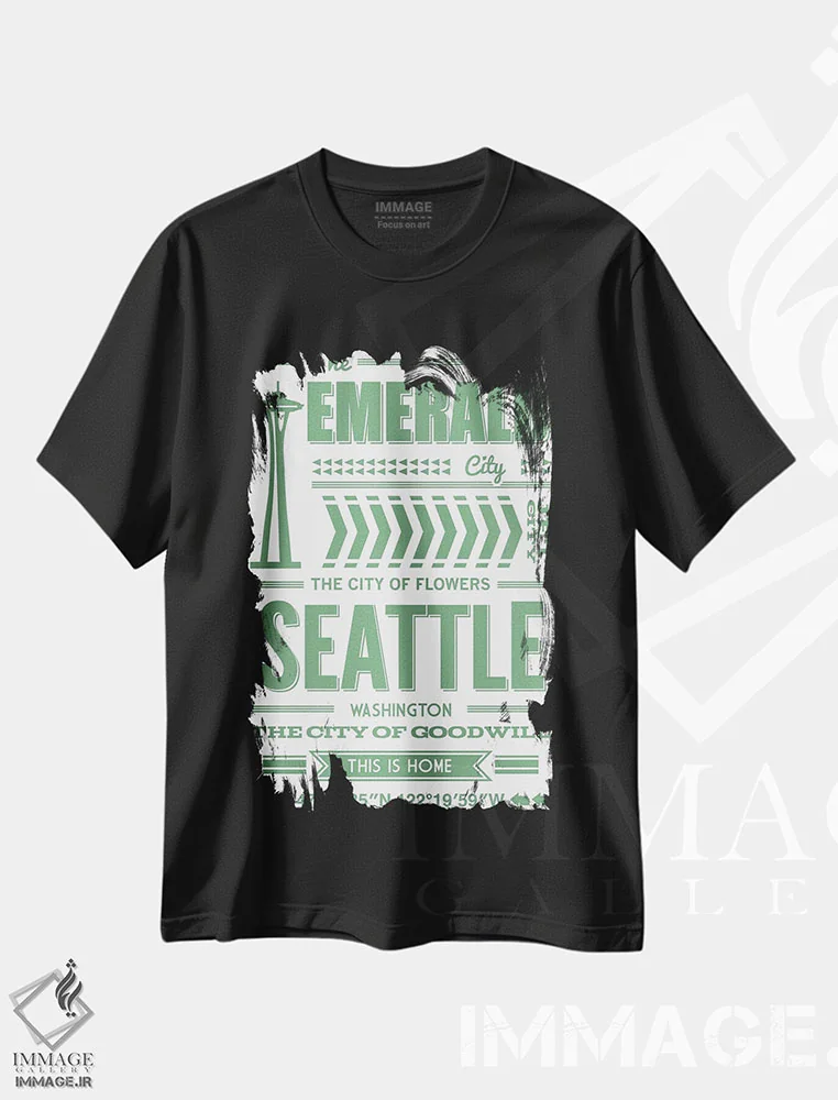 تیشرت مشکی طرح دار تایپوگرافی سیاتل، هنر دیجیتال اثر پرینت های بنتون پارک | immage.ir