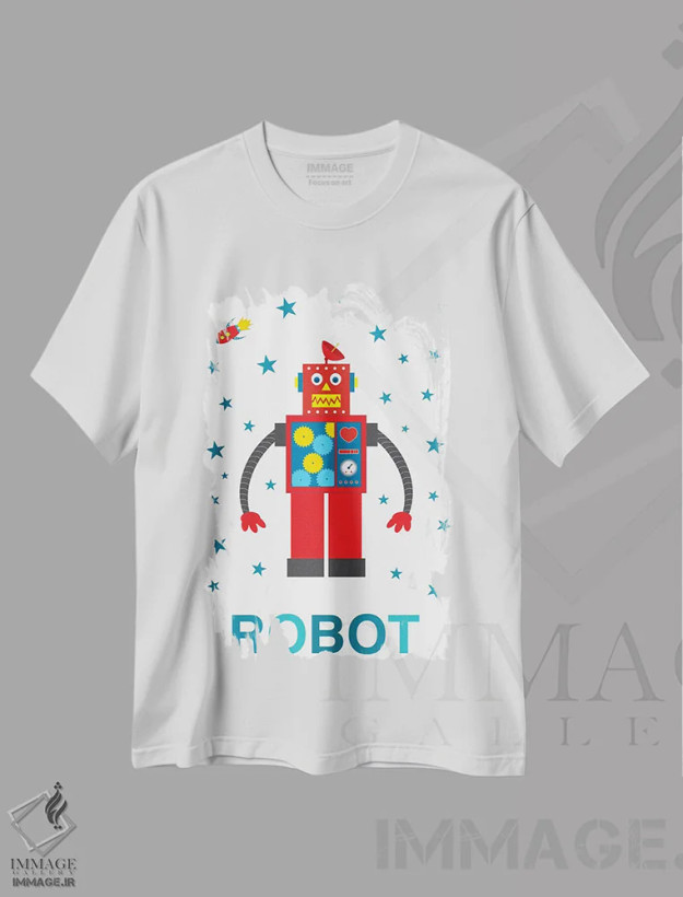 تیشرت سفید طرح دار موشک رباتی، هنر دیجیتال اثر پرینت های بنتون پارک | فروشگاه ایماژ