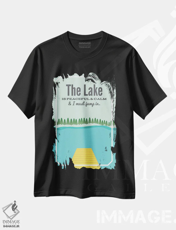تیشرت مشکی طرح دار دریاچه آرام و ساکت است، دکور کلبه و لژ اثر پرینت های بنتون پارک | immage.ir