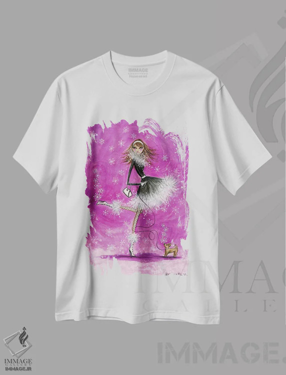 تیشرت سفید طرح دار پیاده روی برفی توله سگ کوچک، مدیوم اثر بلا پیلار | immage.ir