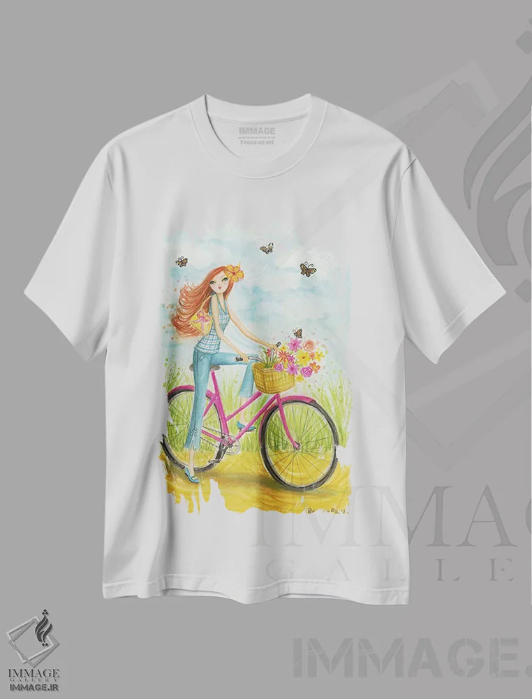 تیشرت سفید طرح دار دوچرخه سواری بهاری، مدیوم اثر بلا پیلار | immage.ir