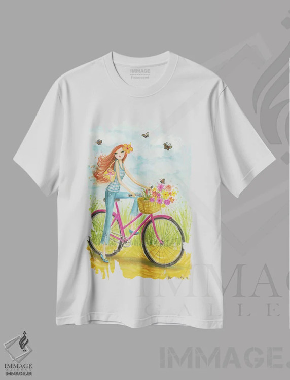 تیشرت سفید طرح دار دوچرخه سواری بهاری، مدیوم اثر بلا پیلار | immage.ir