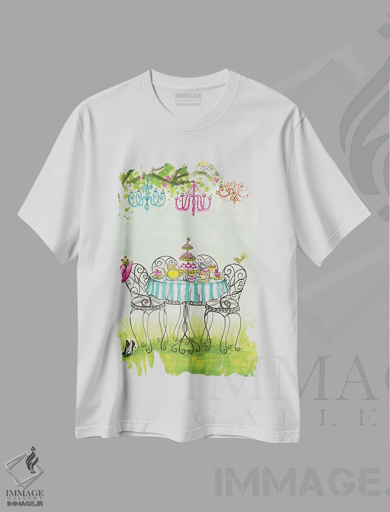 تیشرت سفید طرح دار مهمانی چای در باغ، مدیوم اثر بلا پیلار | فروشگاه ایماژ