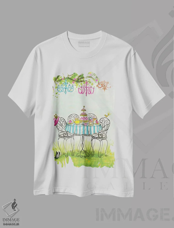 تیشرت سفید طرح دار مهمانی چای در باغ، مدیوم اثر بلا پیلار | فروشگاه ایماژ