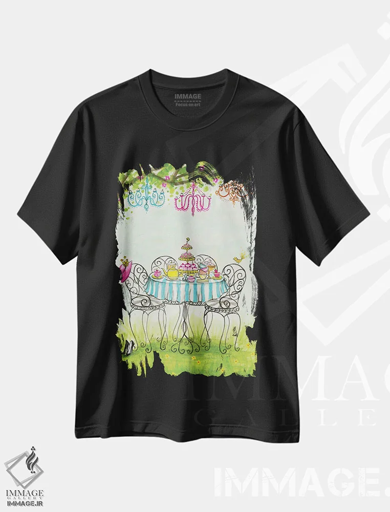 تیشرت مشکی طرح دار مهمانی چای در باغ، مدیوم اثر بلا پیلار | immage.ir