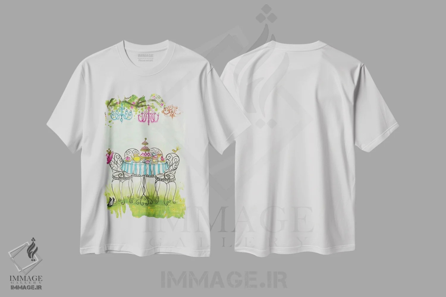 تیشرت سفید طرح دار مهمانی چای در باغ، مدیوم اثر بلا پیلار | فروشگاه ایماژ