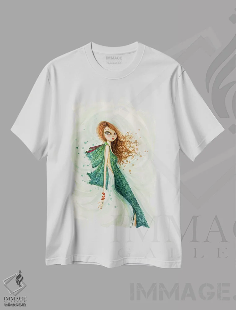 تیشرت سفید طرح دار دختر مو قرمز سلطنتی، مدیوم اثر بلا پیلار | immage.ir