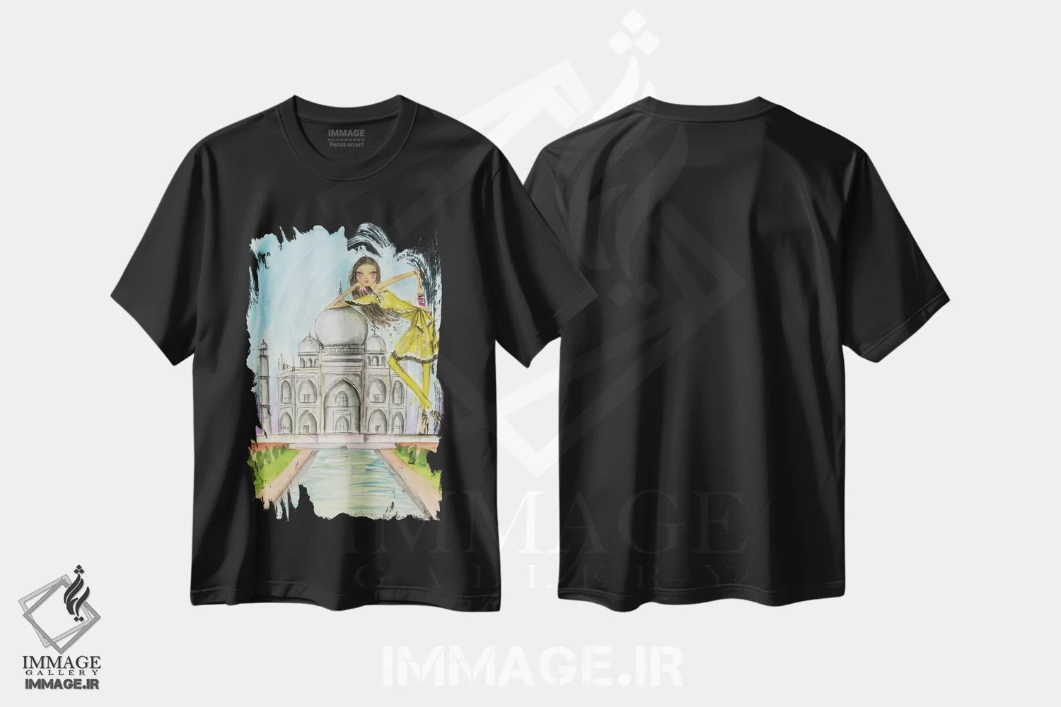 تیشرت مشکی طرح دار کارت پستال از هند، دکور آسیایی اثر بلا پیلار | فروشگاه ایماژ