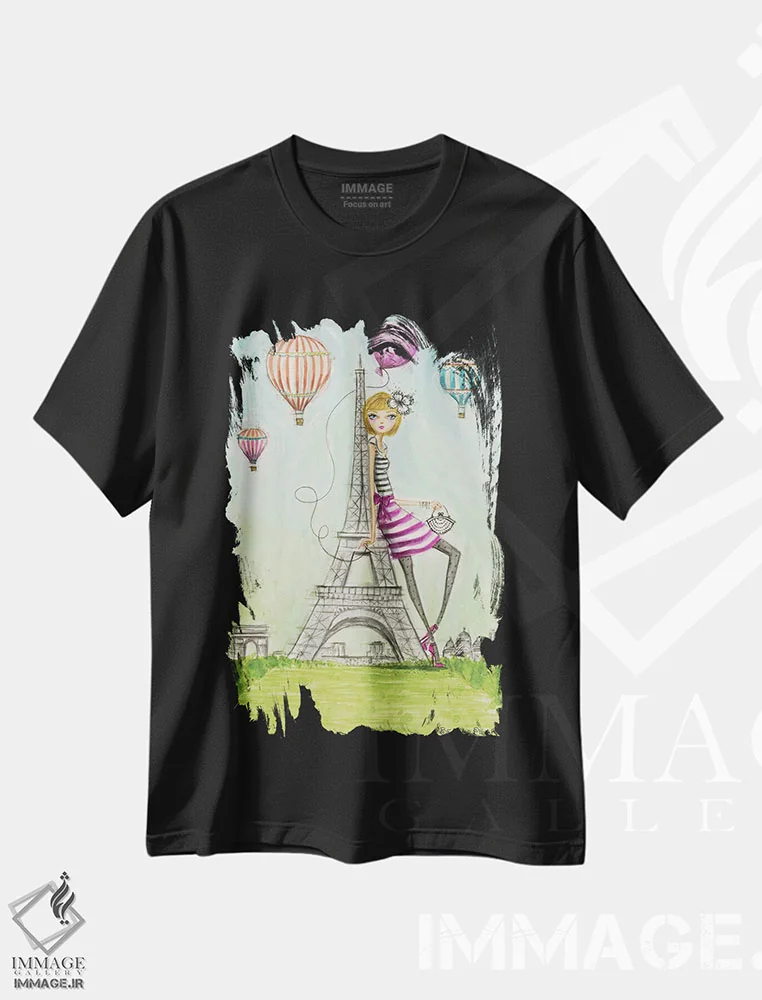 تیشرت مشکی طرح دار پاریس، دست نقاشی و طراحی دستی اثر بلا پیلار | فروشگاه ایماژ