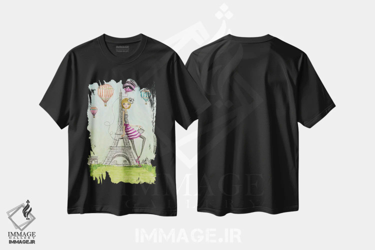 تیشرت مشکی طرح دار پاریس، دست نقاشی و طراحی دستی اثر بلا پیلار | فروشگاه ایماژ