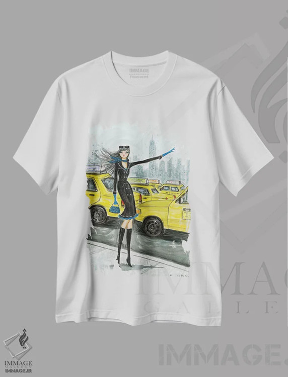 تیشرت سفید طرح دار تاکسی نیویورک شماره ۱، مدیوم اثر بلا پیلار | فروشگاه ایماژ