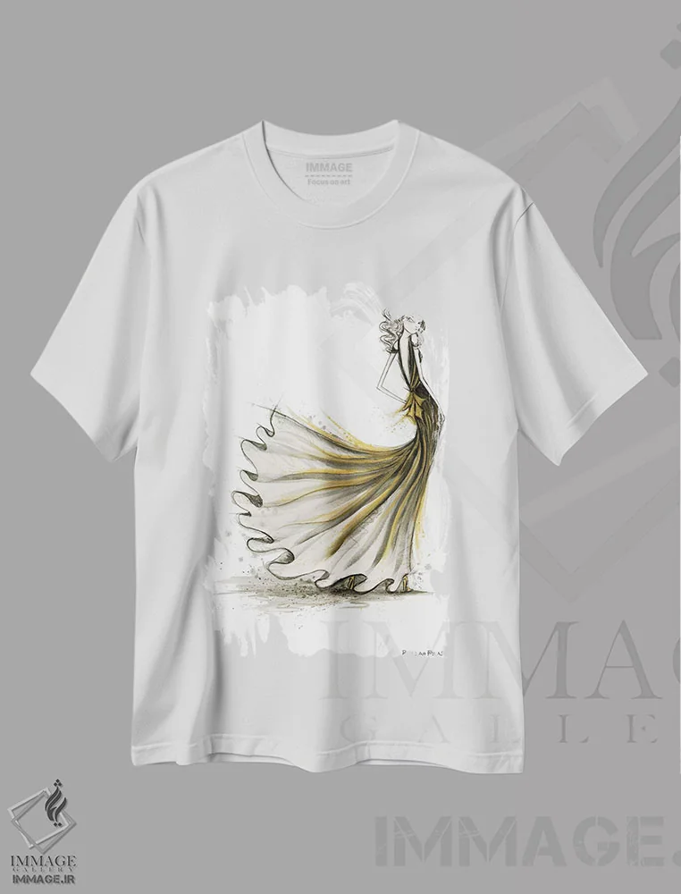 تیشرت سفید طرح دار میهمانی مشکی و طلایی، دست نقاشی و طراحی دستی اثر بلا پیلار | فروشگاه ایماژ