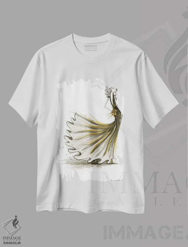 تیشرت سفید طرح دار میهمانی مشکی و طلایی، دست نقاشی و طراحی دستی اثر بلا پیلار | فروشگاه ایماژ