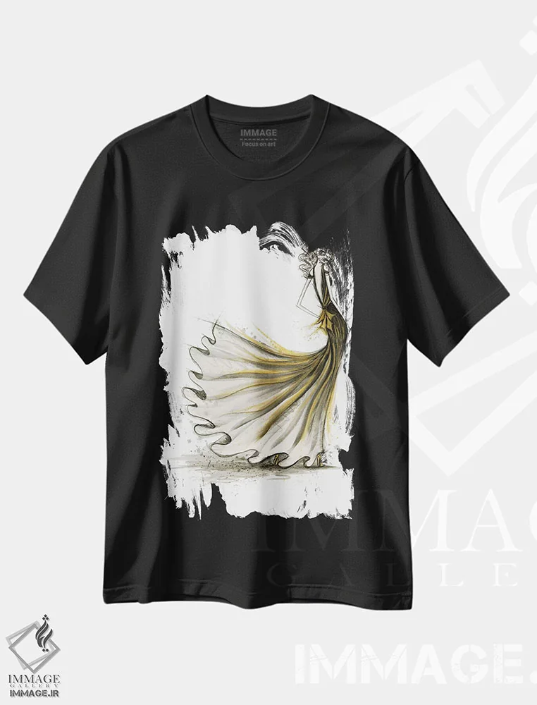 تیشرت مشکی طرح دار میهمانی مشکی و طلایی، دست نقاشی و طراحی دستی اثر بلا پیلار | immage.ir