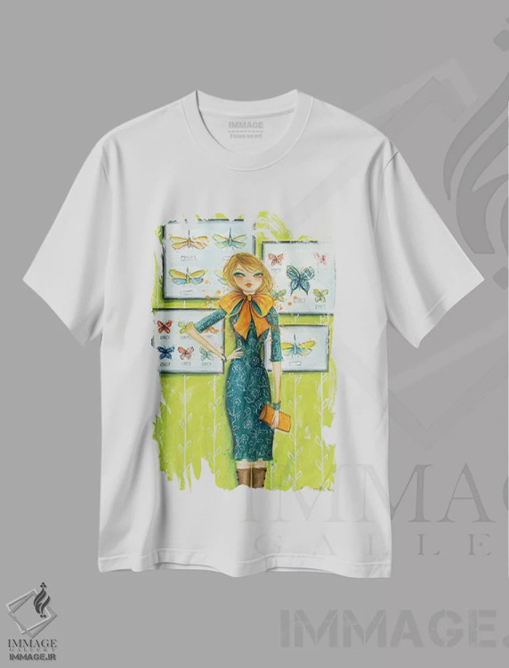 تیشرت سفید طرح دار پیراهن زیبا با پاپیون پروانه ای، مدیوم اثر بلا پیلار | فروشگاه ایماژ