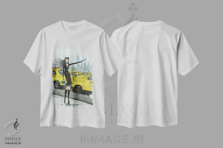 تیشرت سفید طرح دار تاکسی نیویورک شماره ۱، مدیوم اثر بلا پیلار | فروشگاه ایماژ
