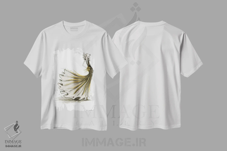 تیشرت سفید طرح دار میهمانی مشکی و طلایی، دست نقاشی و طراحی دستی اثر بلا پیلار | فروشگاه ایماژ