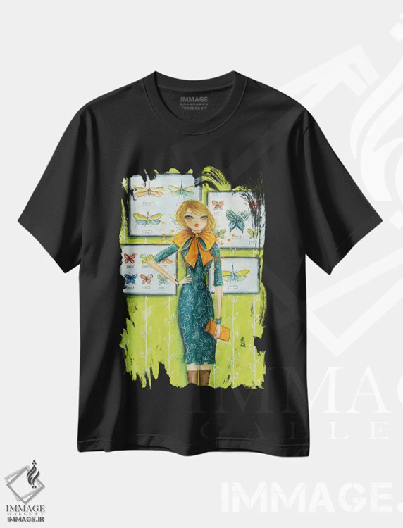 تیشرت مشکی طرح دار پیراهن زیبا با پاپیون پروانه ای، مدیوم اثر بلا پیلار | immage.ir