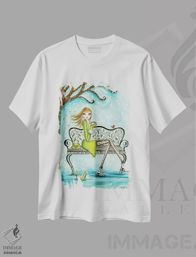 تیشرت سفید طرح دار استراحت با شکلات داغ، دست نقاشی و طراحی دستی اثر بلا پیلار | immage.ir