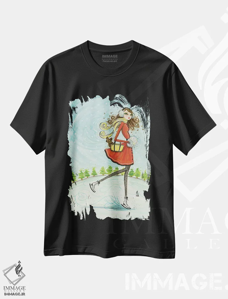 تیشرت مشکی طرح دار اسکیت سواری دور، دست نقاشی و طراحی دستی اثر بلا پیلار | immage.ir