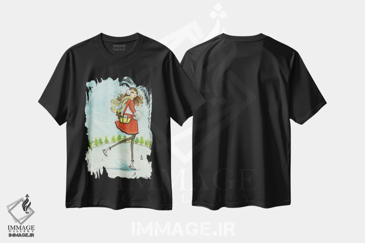 تیشرت مشکی طرح دار اسکیت سواری دور، دست نقاشی و طراحی دستی اثر بلا پیلار | immage.ir