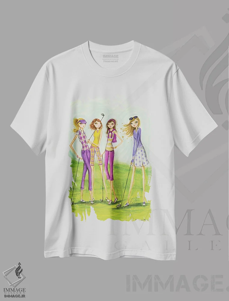 تیشرت سفید طرح دار گلف بانوان با استایل خاص، دست نقاشی و طراحی دستی اثر بلا پیلار | فروشگاه ایماژ