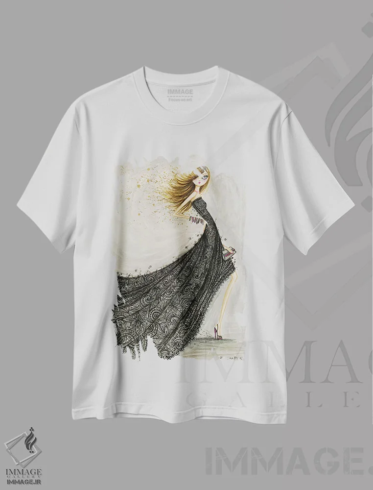 تیشرت سفید طرح دار تور مشکی کلاسیک، دست نقاشی و طراحی دستی اثر بلا پیلار | immage.ir