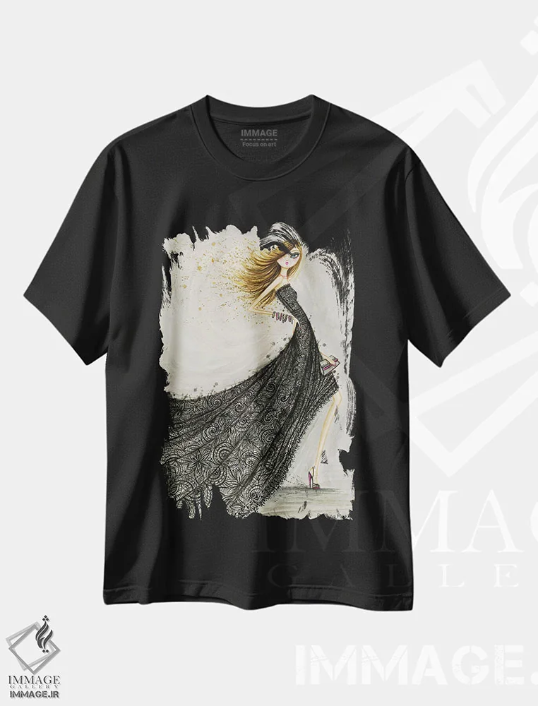 تیشرت مشکی طرح دار تور مشکی کلاسیک، دست نقاشی و طراحی دستی اثر بلا پیلار | فروشگاه ایماژ