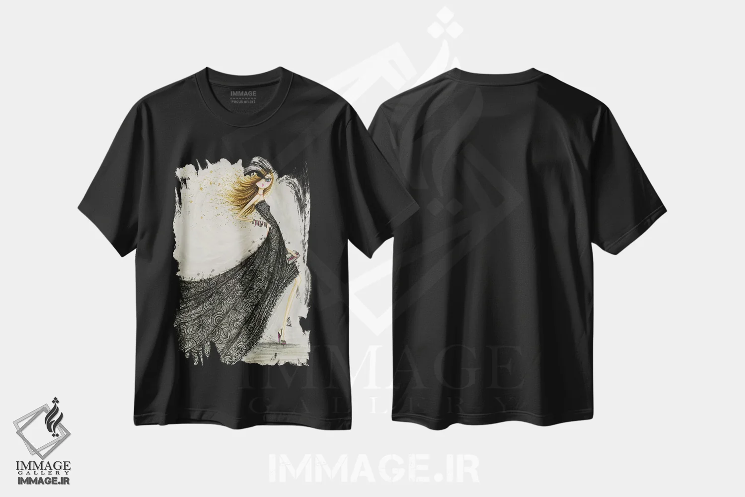 تیشرت مشکی طرح دار تور مشکی کلاسیک، دست نقاشی و طراحی دستی اثر بلا پیلار | فروشگاه ایماژ