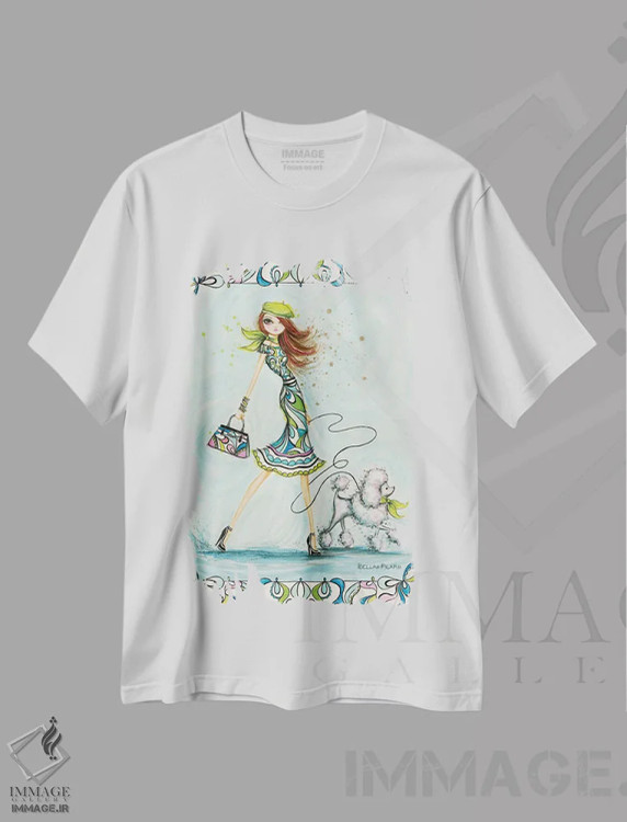 تیشرت سفید طرح دار پوچی و پرنسس در پاریس، دست نقاشی و طراحی دستی اثر بلا پیلار | immage.ir