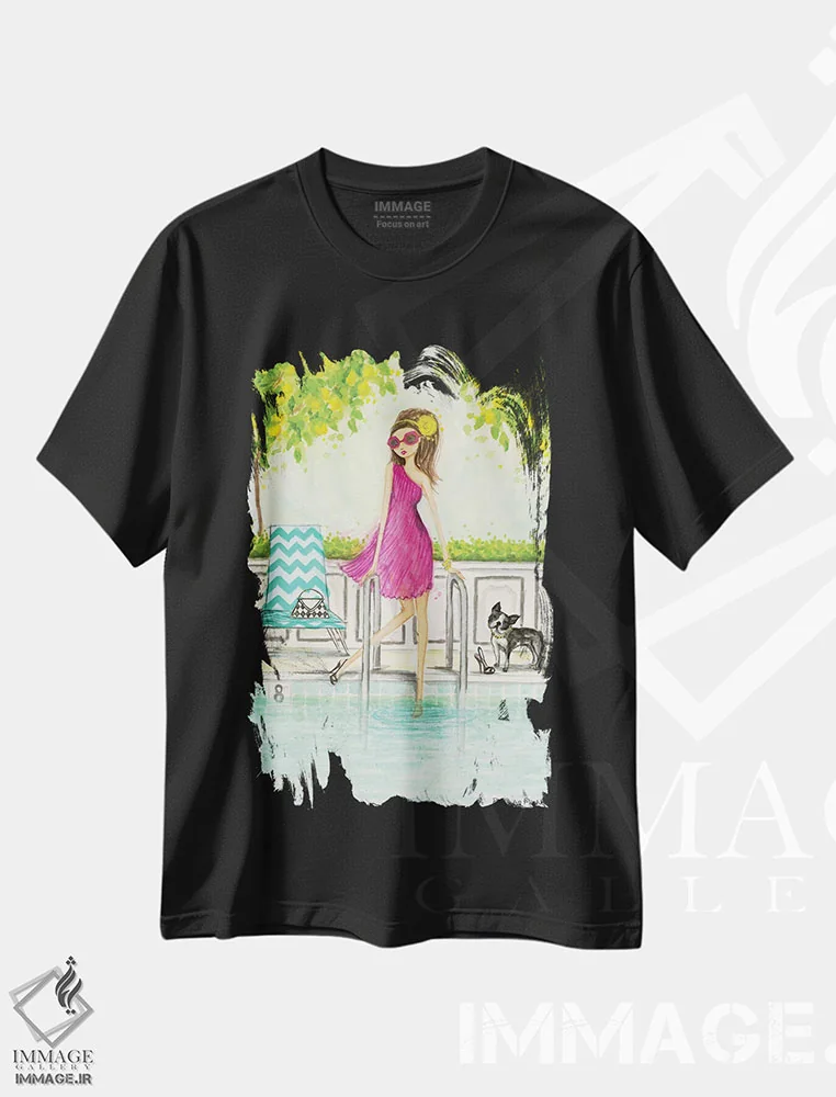تیشرت مشکی طرح دار آبتنی در استخر، دست نقاشی و طراحی دستی اثر بلا پیلار | فروشگاه ایماژ