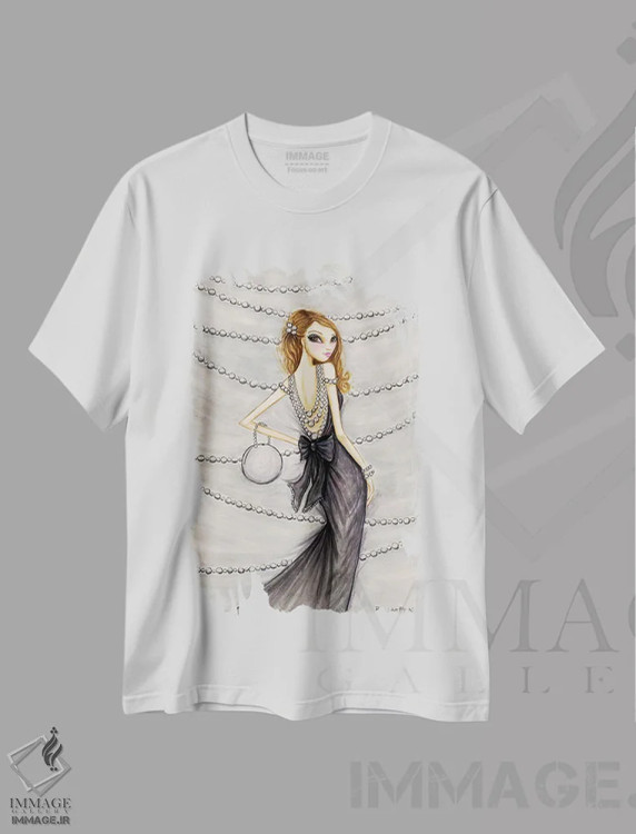 تیشرت سفید طرح دار پرشیا زیبا با مرواریدها، دست نقاشی و طراحی دستی اثر بلا پیلار | فروشگاه ایماژ