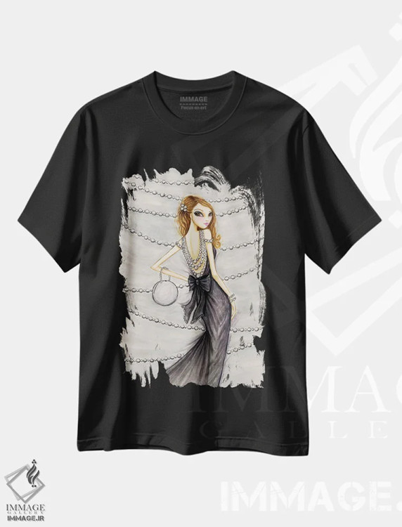 تیشرت مشکی طرح دار پرشیا زیبا با مرواریدها، دست نقاشی و طراحی دستی اثر بلا پیلار | immage.ir