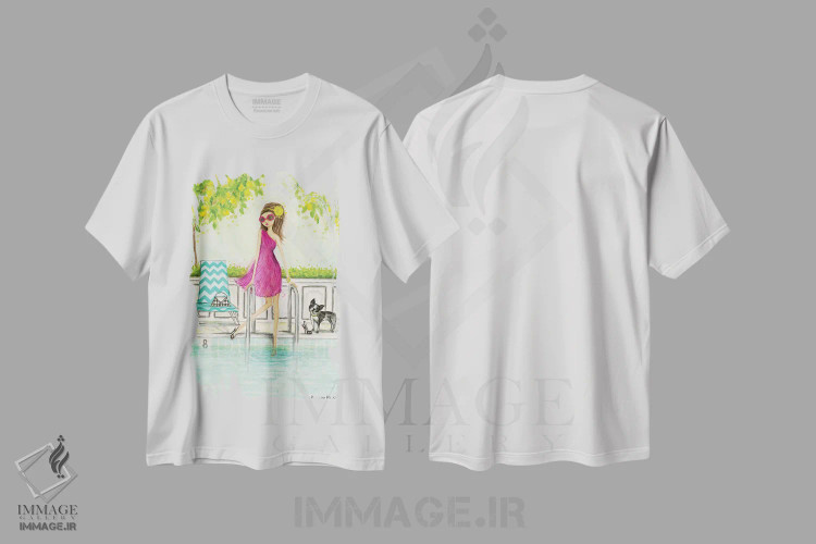 تیشرت سفید طرح دار آبتنی در استخر، دست نقاشی و طراحی دستی اثر بلا پیلار | immage.ir