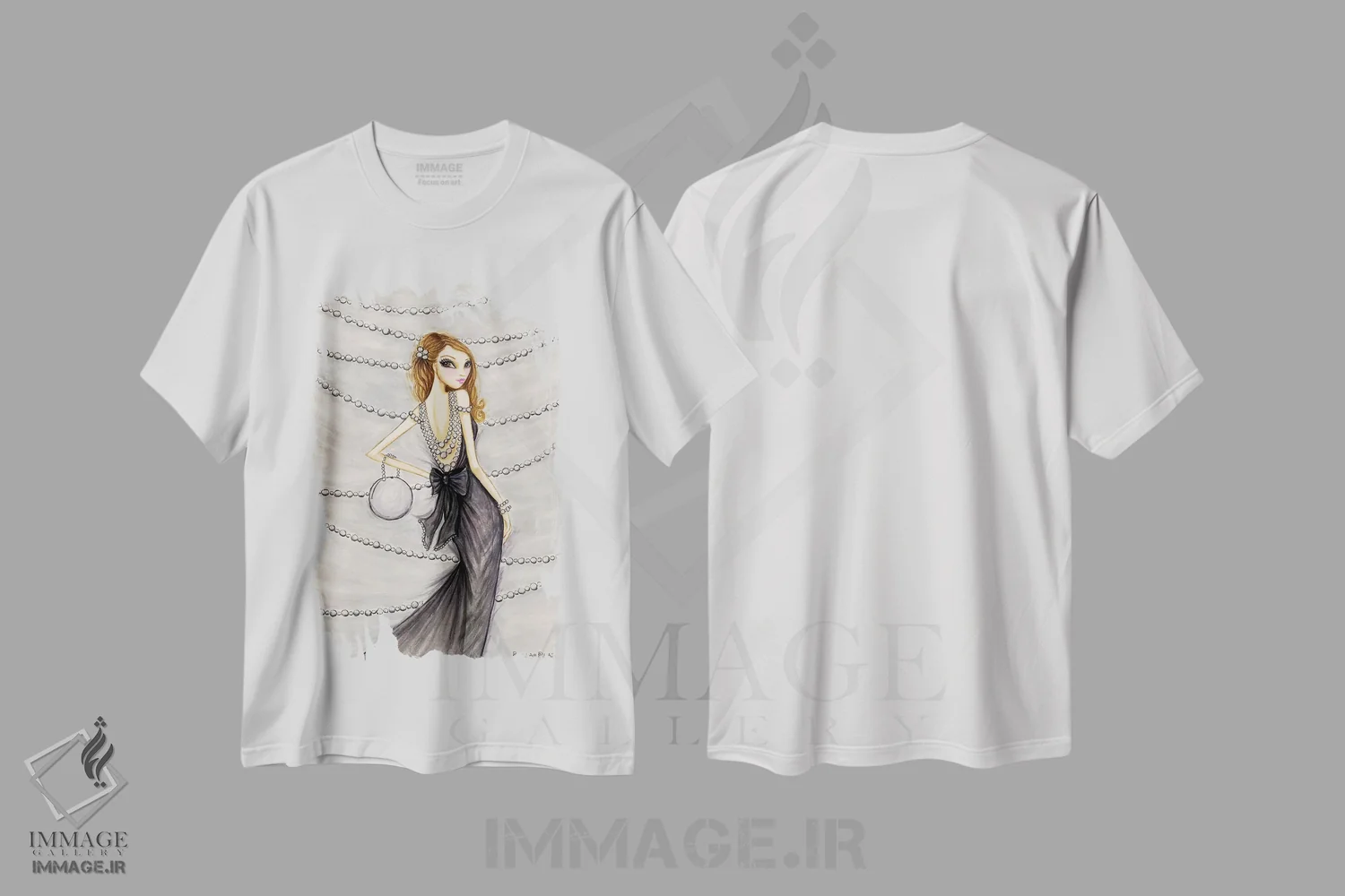 تیشرت سفید طرح دار پرشیا زیبا با مرواریدها، دست نقاشی و طراحی دستی اثر بلا پیلار | فروشگاه ایماژ