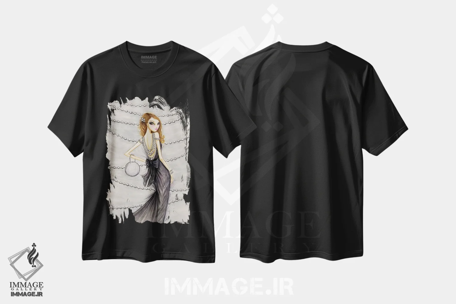 تیشرت مشکی طرح دار پرشیا زیبا با مرواریدها، دست نقاشی و طراحی دستی اثر بلا پیلار | immage.ir