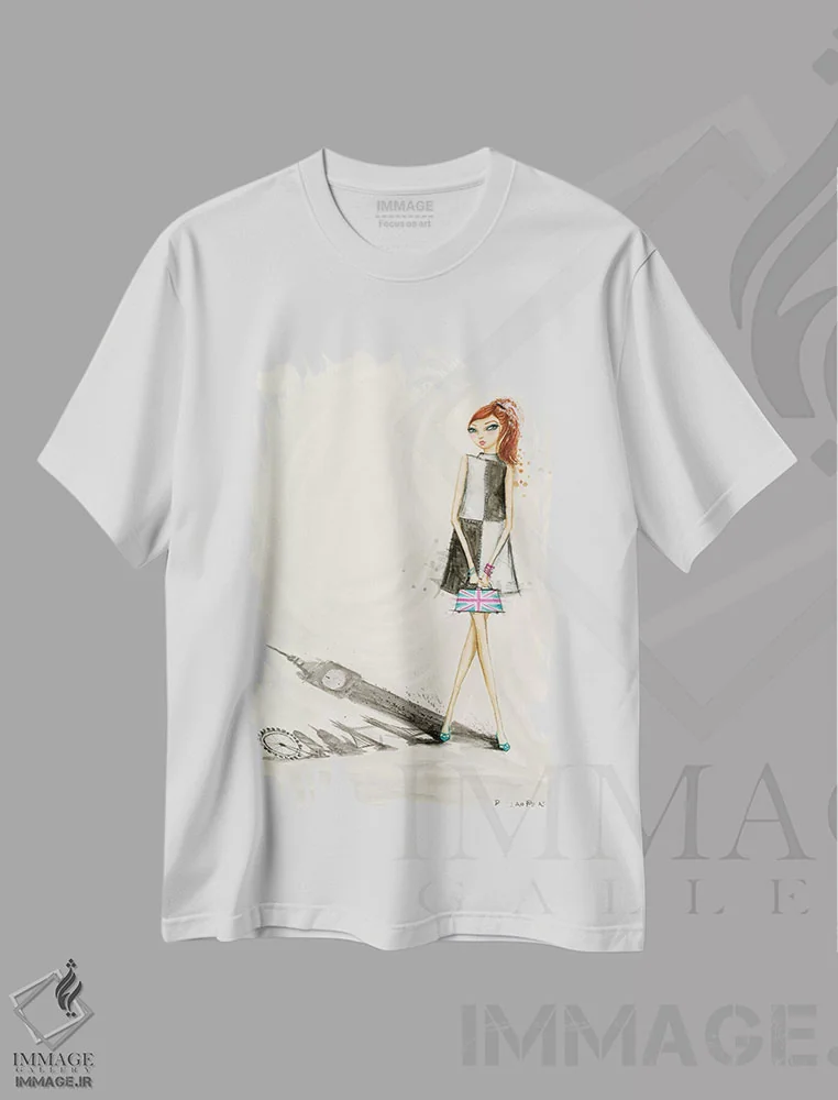 تیشرت سفید طرح دار افق مدرن لندن، دست نقاشی و طراحی دستی اثر بلا پیلار | فروشگاه ایماژ