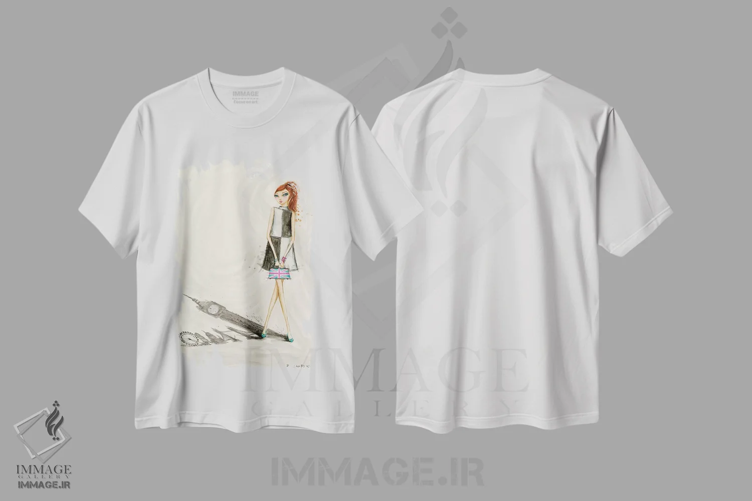 تیشرت سفید طرح دار افق مدرن لندن، دست نقاشی و طراحی دستی اثر بلا پیلار | فروشگاه ایماژ